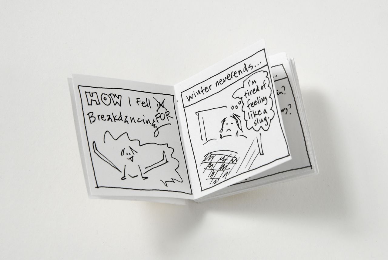How I Fell for Breakdancing zine (2005). Pen on paper in accordion style, bandage, edition of 60; 2 x 2".