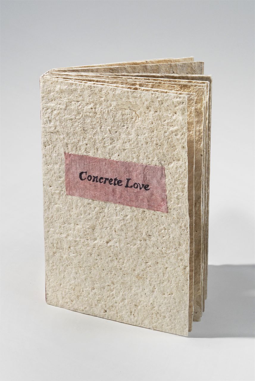 Concrete Love (2010). Pen on handmade mulberry paper and cochineal-dyed hanji. 6 x 4 x 7/8”. Edition of 2. Various collections.