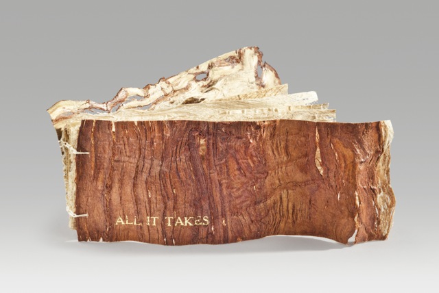All it takes (2016). Stamped foil and persimmon dye on paper mulberry bark, thread. 2 x 5.75 x 0.75" closed, 2 x 11.25" open. 10 leaves. Collection of Baylor University Crouch Library.