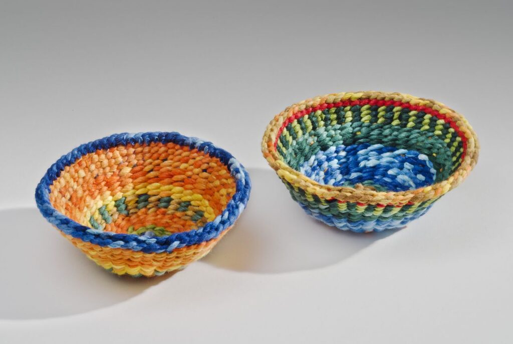 Orange and forest fiesta bowls (2013). Washi. 1.5" h, 3.5" rim dia. Private collections.