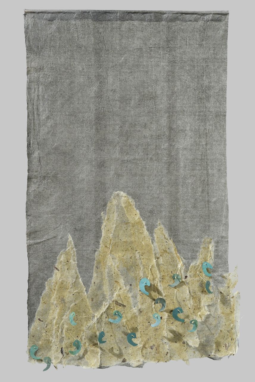 Jeweled path (2011). Beeswax on bark hanji, bark thread, watercolor on colored hanji, ink on textured hanji, 23 x 14”. Private collection.