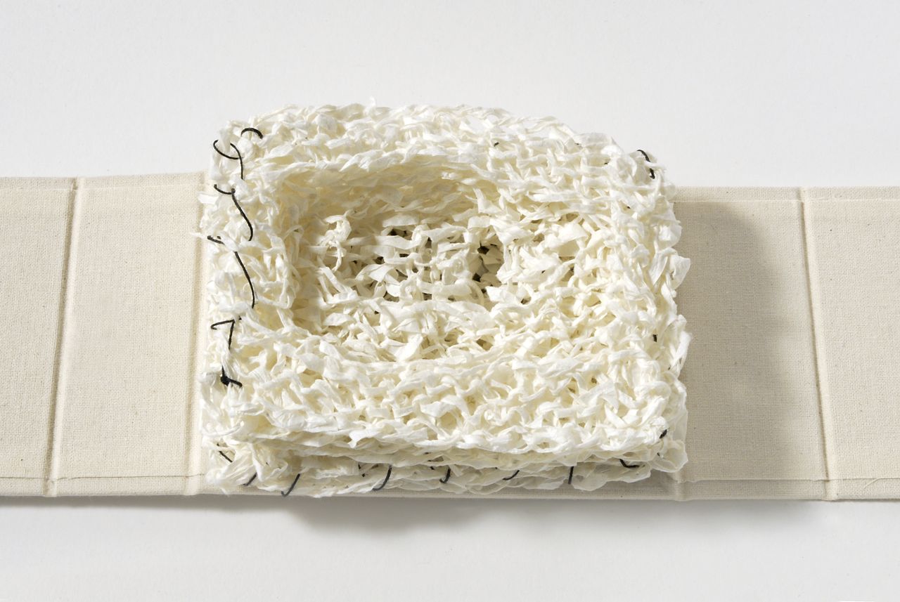 Fifth Knit Book (2008). Washi, intaglio on tissue paper, chitsu case; 3.5 x 5 x 1.5 closed, 18.75" wide open. SAIC Flasch Collection.