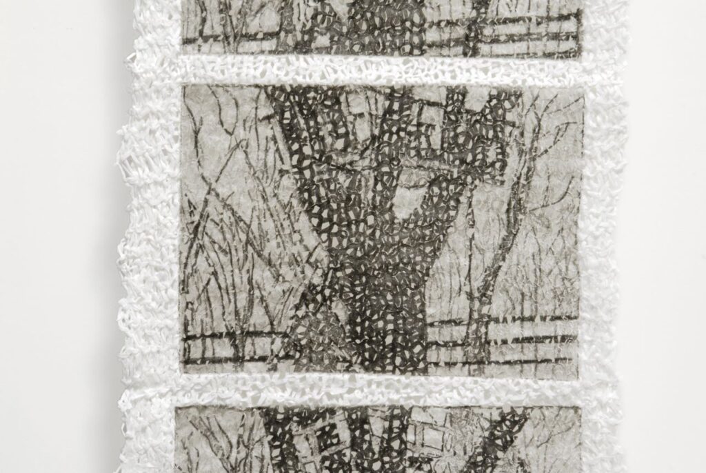 Private Performance: Treehouse (2008). Intaglio on knit linen paper yarn, 53 x 9.5".