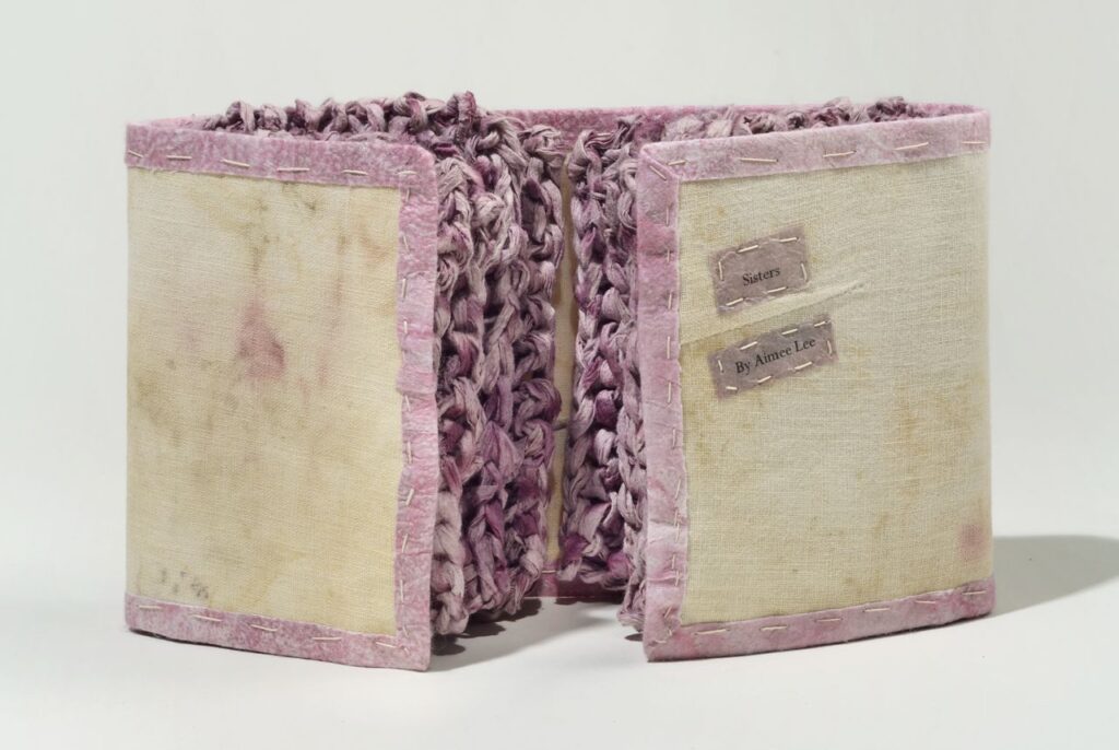 Sisters (2011). Inkjet print on dyed hanji, dyed and knitted handmade mulberry paper, eco-printed linen, thread. 5 x 8 x 1.5" closed, 17" wide open. Oberlin College Art Library Collection.