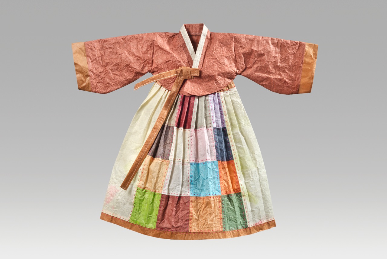 Bojagi hanbok (2017). Hanji, thread. 15.5 x 17.5". Private collection.