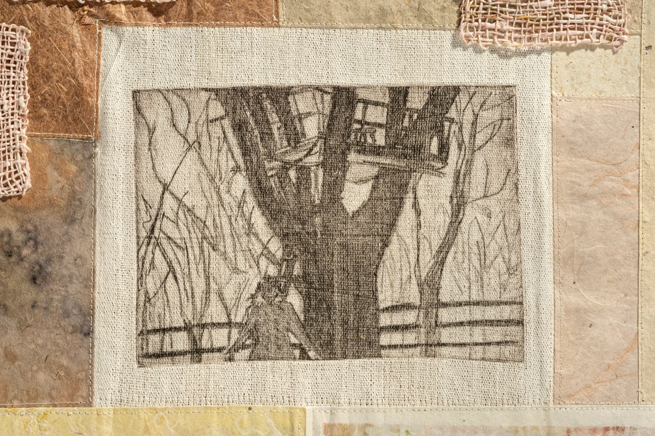 Mapping: Treehouse (2019). Etching, natural dyes, thread, on handmade papers; woven paper thread. 19 x 24.5".
