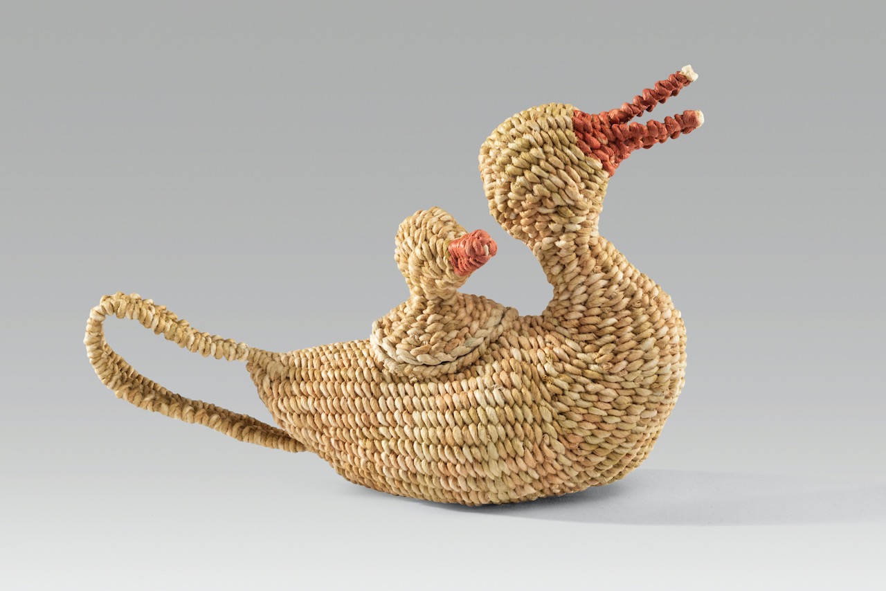 Duck & duckling teapot (2020). Natural dyes, corded on twined hanji. 5.25 x 8 x 2”.