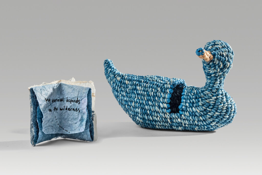Interior duck (2021). Natural dyes on corded and twined hanji; pen and indigo dye on handmade paper and bark lace. Duck: 4 x 6.6 x 2.4”. Book: 2.5 x 1.75 x 0.25” closed, 6.25 x 3.75” open. Private collection.
