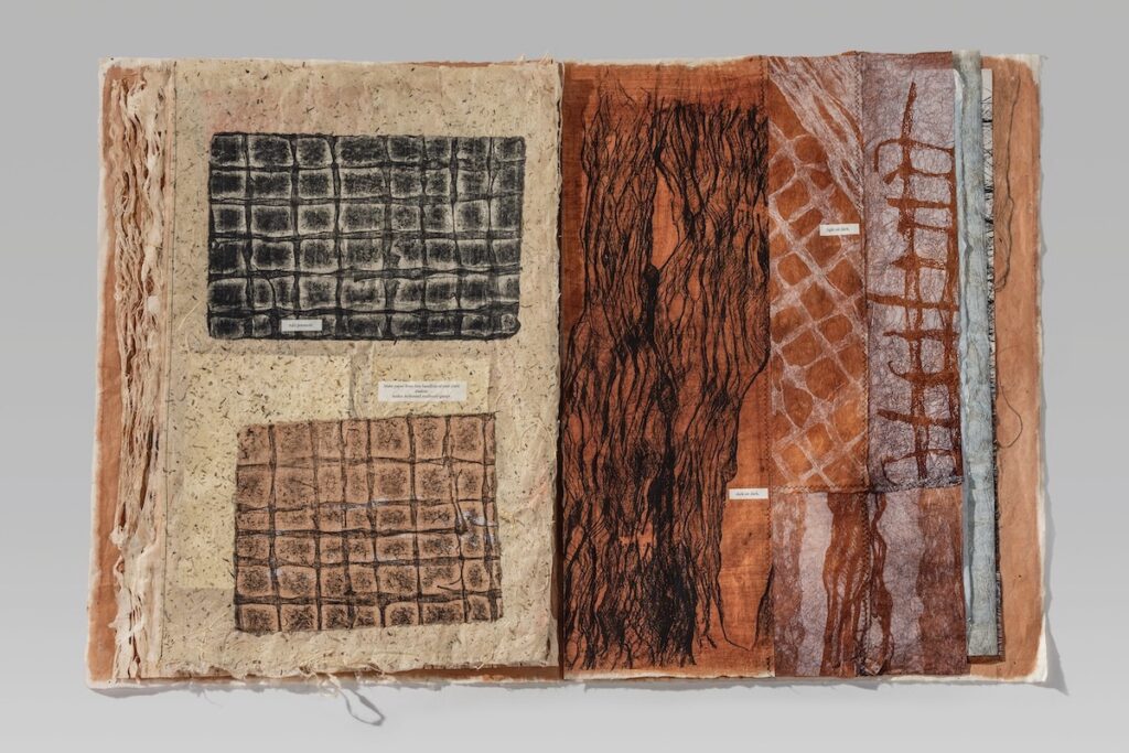 Sample Book Series II: Page Two, Unbound (2023). Mixed media. 24.25 x 18 x 0.5” closed, 36.5” wide open. 15 leaves, one of a kind.