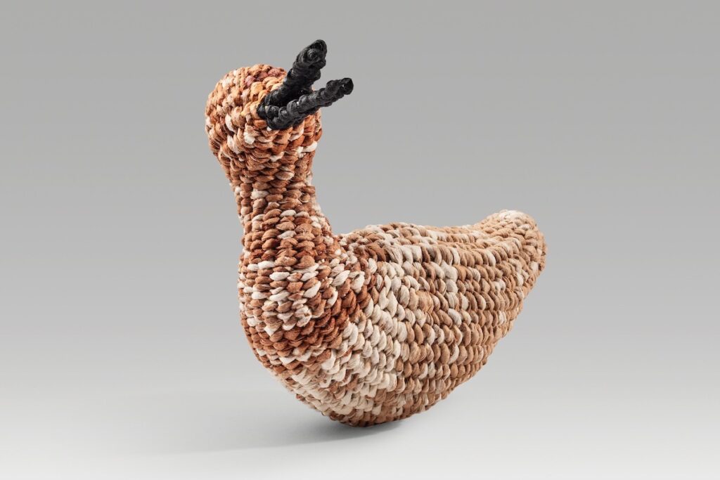 Newborn duck (2023). Natural dyes on corded and twined hanji, colored hanji. 4.75 x 5.6 x 3.25”.