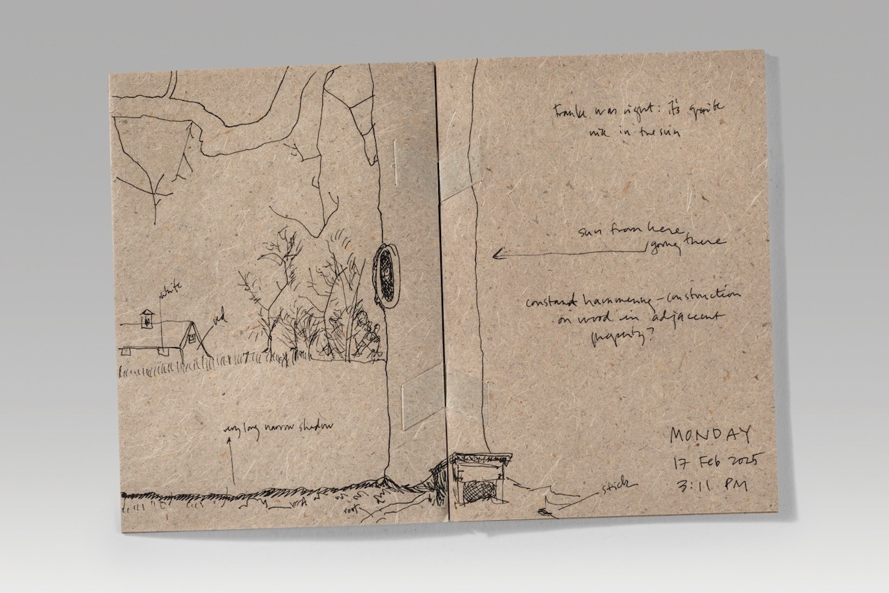 Tree by tree / green version (2025). Pen on handmade yucca-cotton-abaca paper. 5.6 x 7.8 x 0.3” closed, 11.25” wide open. 8 leaves; one of a kind.