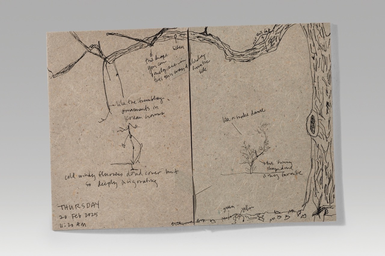 Tree by tree / green version (2025). Pen on handmade yucca-cotton-abaca paper. 5.6 x 7.8 x 0.3” closed, 11.25” wide open. 8 leaves; one of a kind.