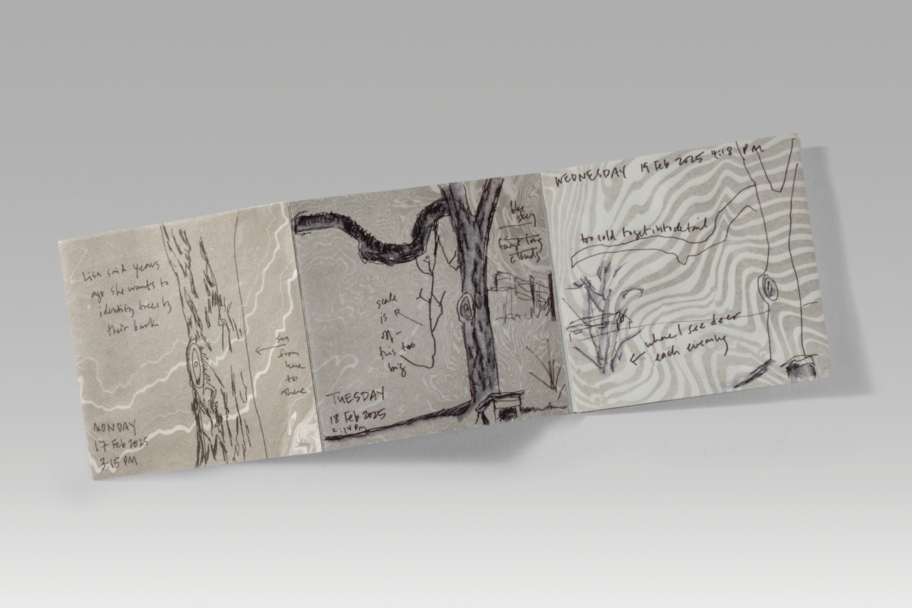 Tree by tree / accordion version (2025). Pen and suminagashi on paper. 3.9 x 4.1 x 0.25” closed, 24.9” wide open. One of a kind.