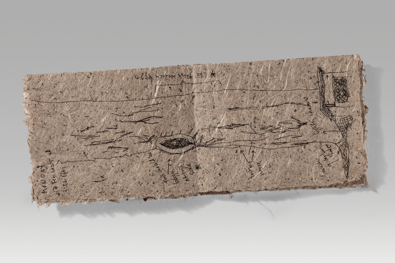 Tree by tree / milkweed version (2025). Pen on handmade milkweed paper. 4.5 x 5.75 x 0.4” closed, 11.6” wide open. One of a kind.