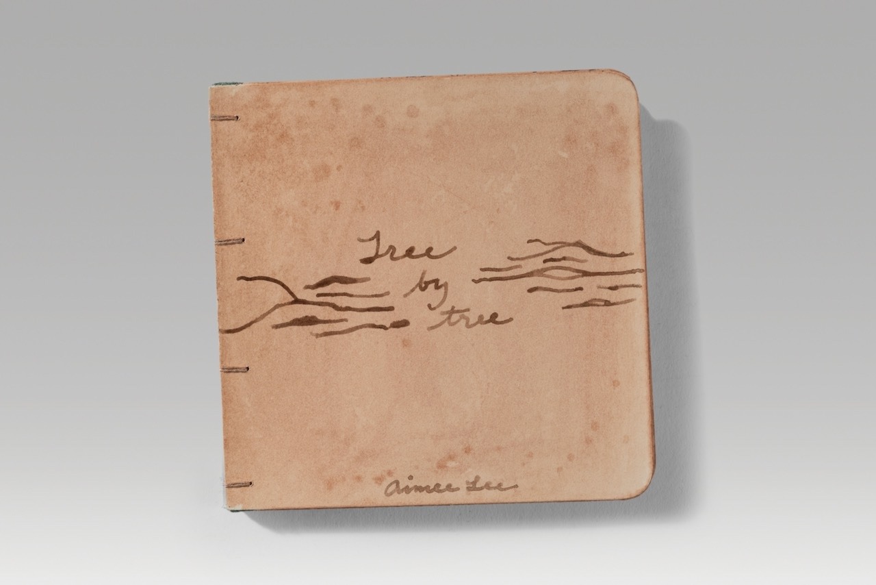 Tree by tree / board version 2 (2025). Pen, walnut dye, persimmon juice on board; silk thread. 5.4 x 5.4 x 0.4” closed, 10.9” wide open.