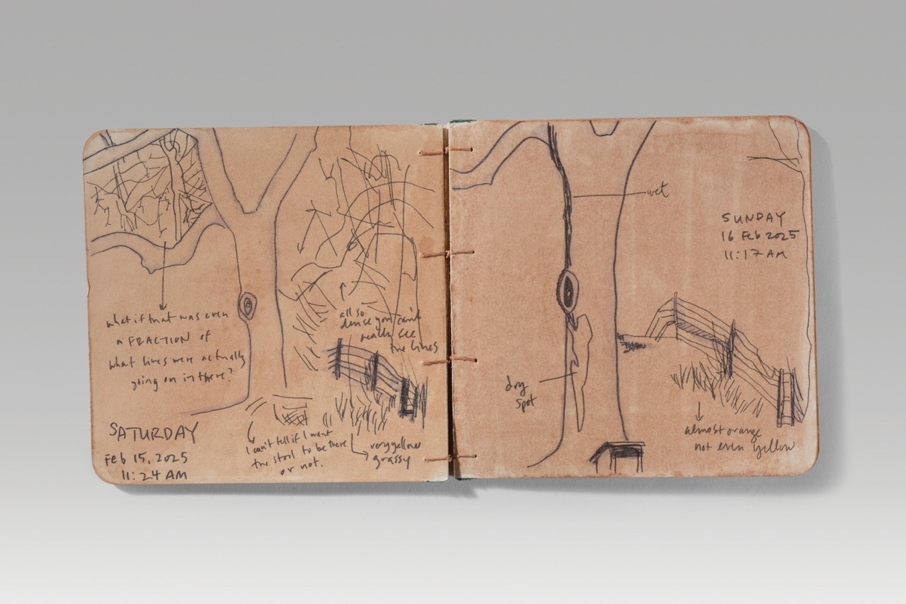 Tree by tree / board version 2 (2025). Pen, walnut dye, persimmon juice on board; silk thread. 5.4 x 5.4 x 0.4” closed, 10.9” wide open.