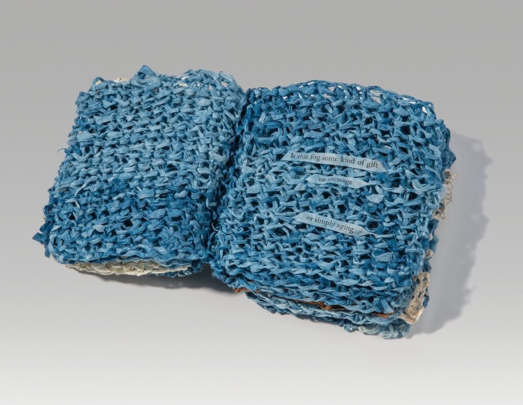 Trip (knitted version) (2025). Indigo, persimmon juice, letterpress, and pen on hanji. 4.5 x 3.75 x 3” closed, 8.5” wide open. Variable edition of 18.