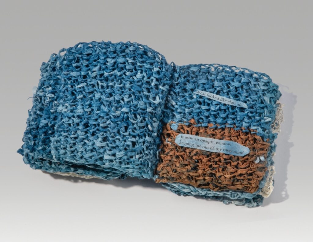 Trip (knitted version) (2025). Indigo, persimmon juice, letterpress, and pen on hanji. 4.5 x 3.75 x 3” closed, 8.5” wide open. Variable edition of 18.