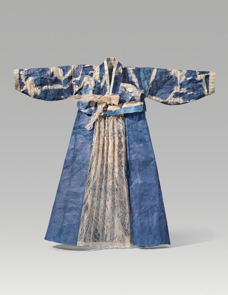 Arrived (2025). Indigo on hanji, thread, mulberry bark lace. 19.25 x 20.2 x 1.5”.