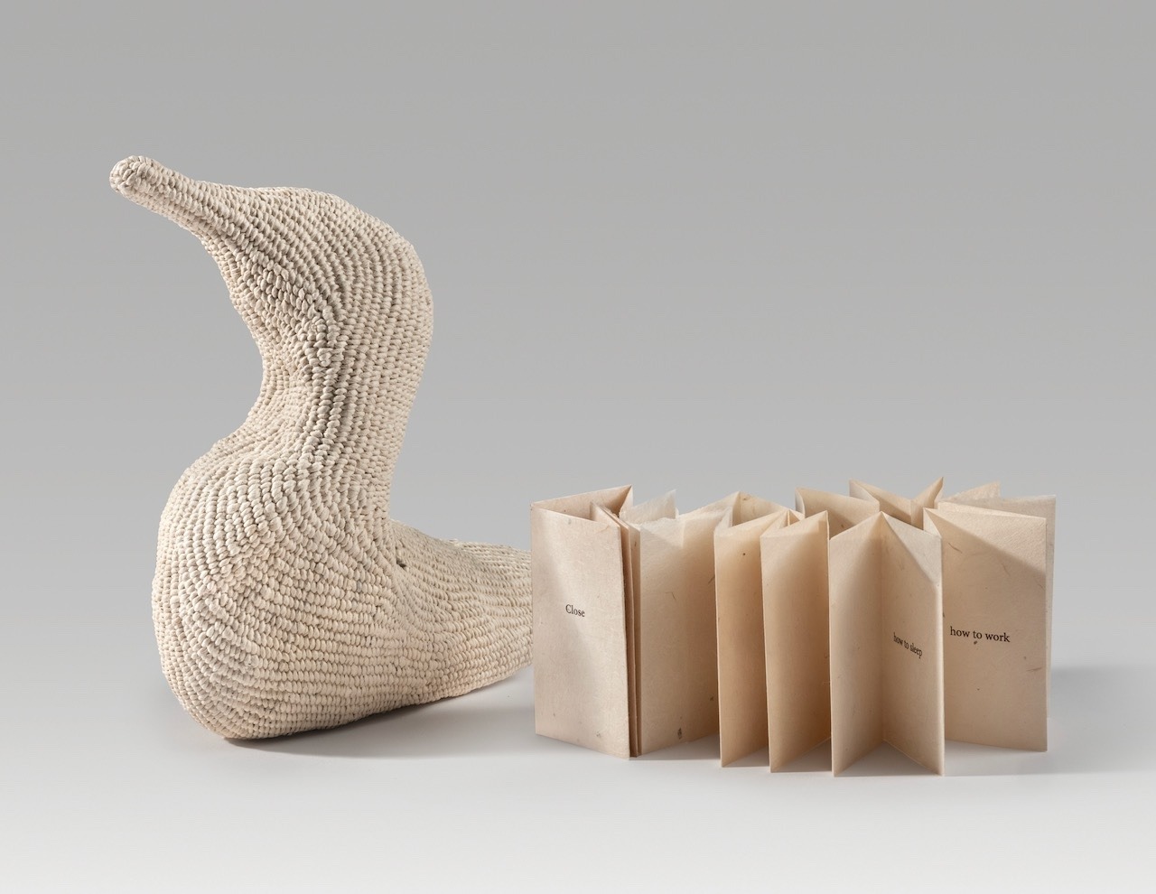 Close / duck (2025). Corded and twined hanji, inkjet print on hanji. Duck: 8 x 8.6 x 0.25”; book: 3.2 x 1.75 x 0.25” closed.