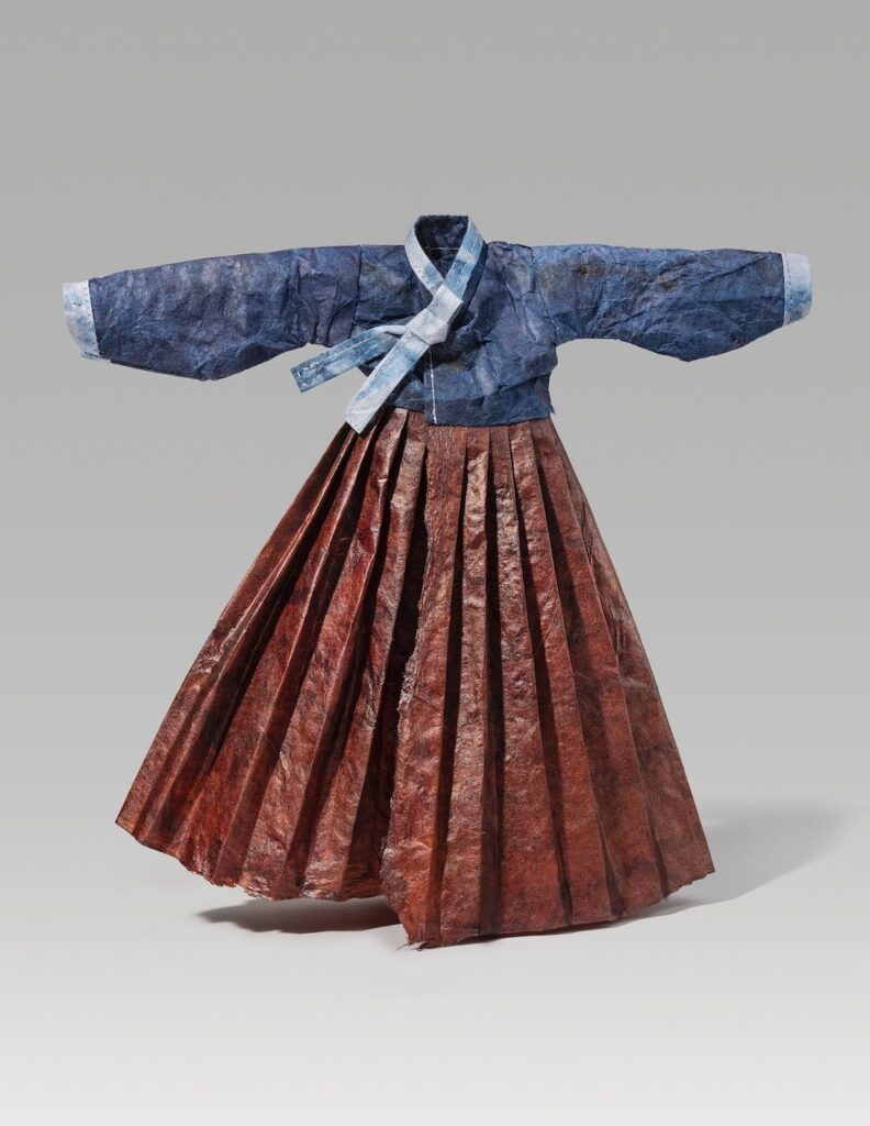 Dancing (2025). Indigo and kakishibu on hanji, thread. 10.5 x 11 x 2”.