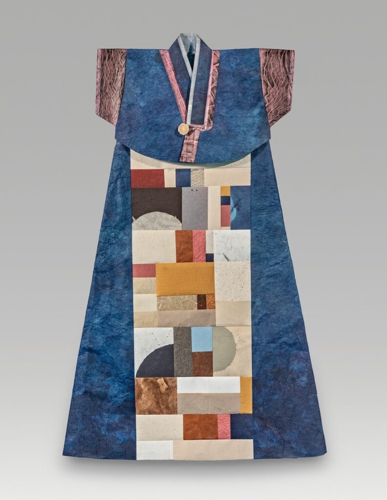 After Dardo (2026). Ink and indigo on hanji; assorted paper, thread. 41 x 25”.