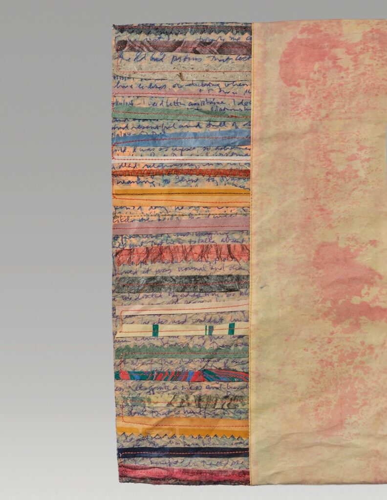 Intent (2026). Pen, ink, natural dye, thread on hanji, bark lace. 29 x 45.5”