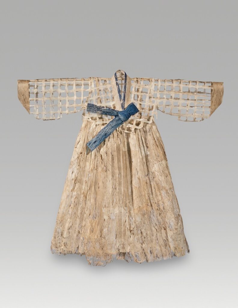 Mini phloem (2026). Paper mulberry bark, thread, indigo. 37 x 39".